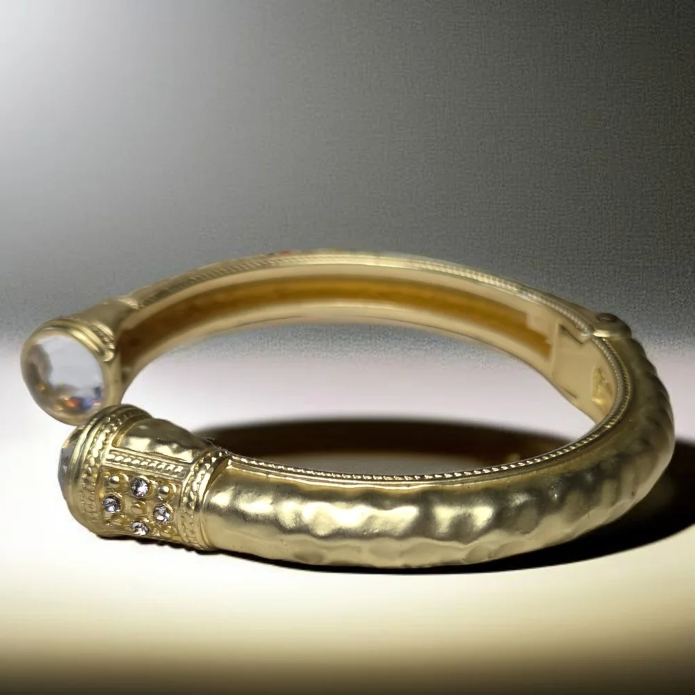 14k Matte Gold Plated Hydro Quartz Crystal Chunky Hinged Bangle Bracelet
